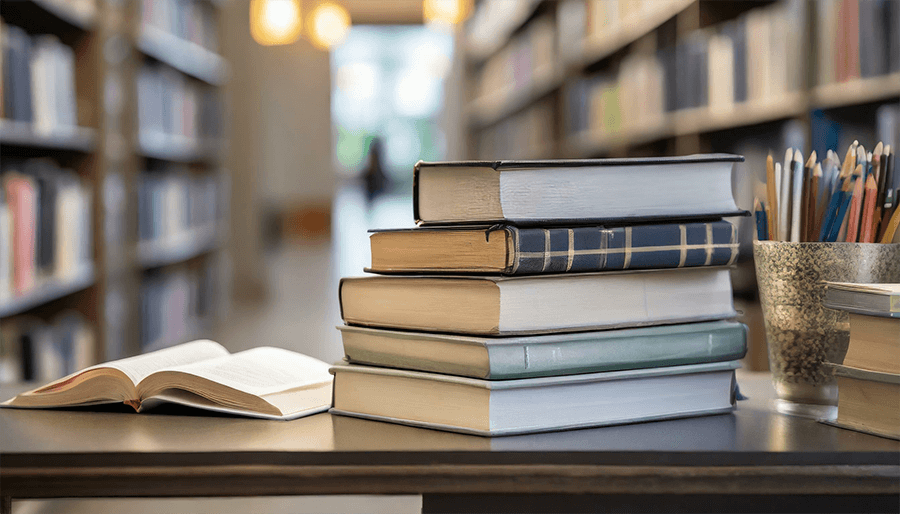 A stack of books on a table inside a library