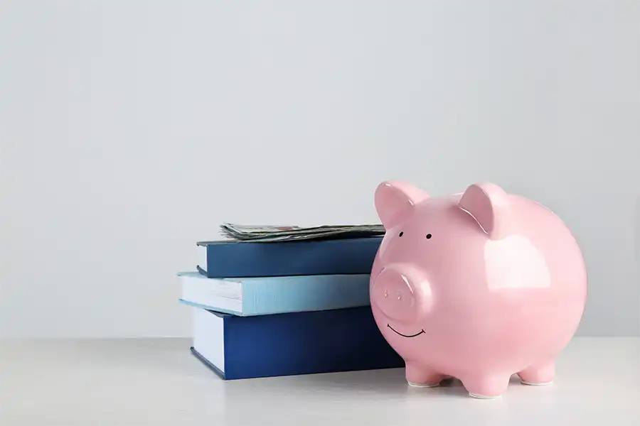 Piggy bank with dollars and dark blue and light blue books on table against white background
